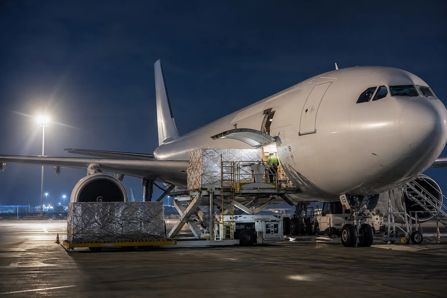 Cargo loading operations on tarmac at night