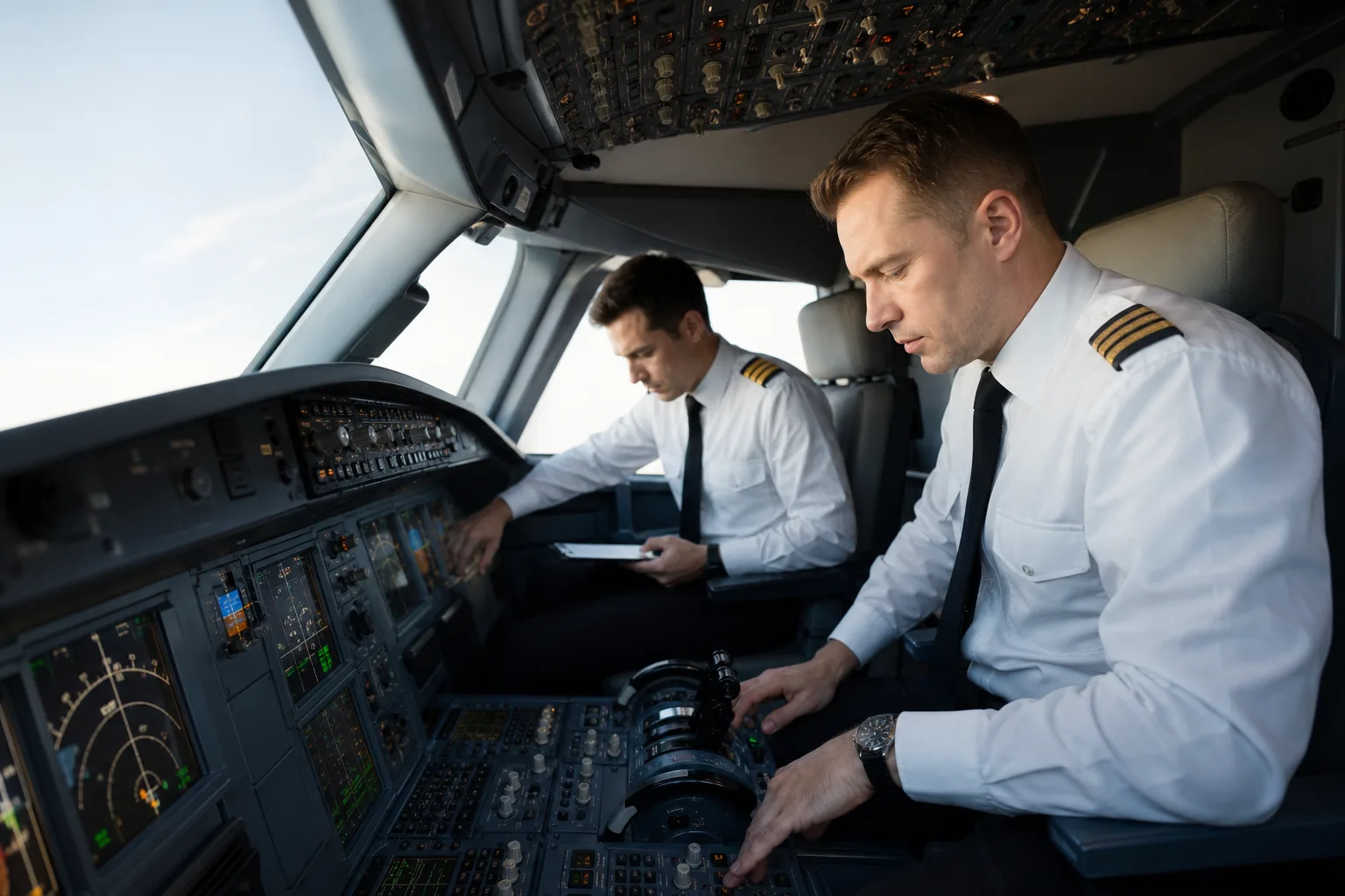 ULS Airlines flight crew performing pre-flight checks